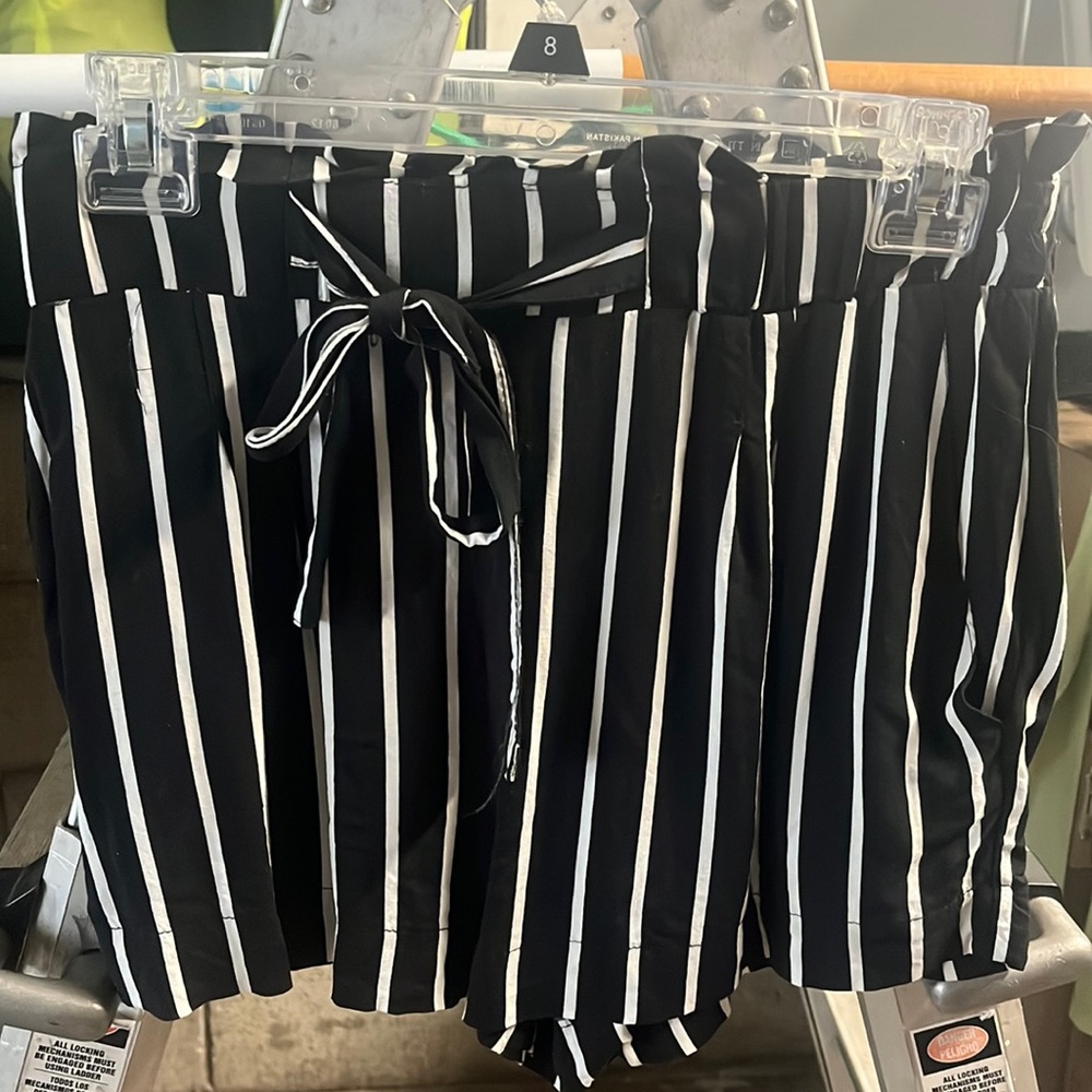 Black and White Striped Lightweight Shorts with a Tie